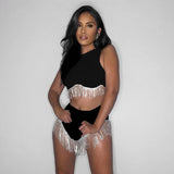 Wenkouban Bling Tassels Women 2 Piece Set Sleeveless Crop Top Shorts Suit Matching Y2K Co Ords Elegant Party Outftis Evening