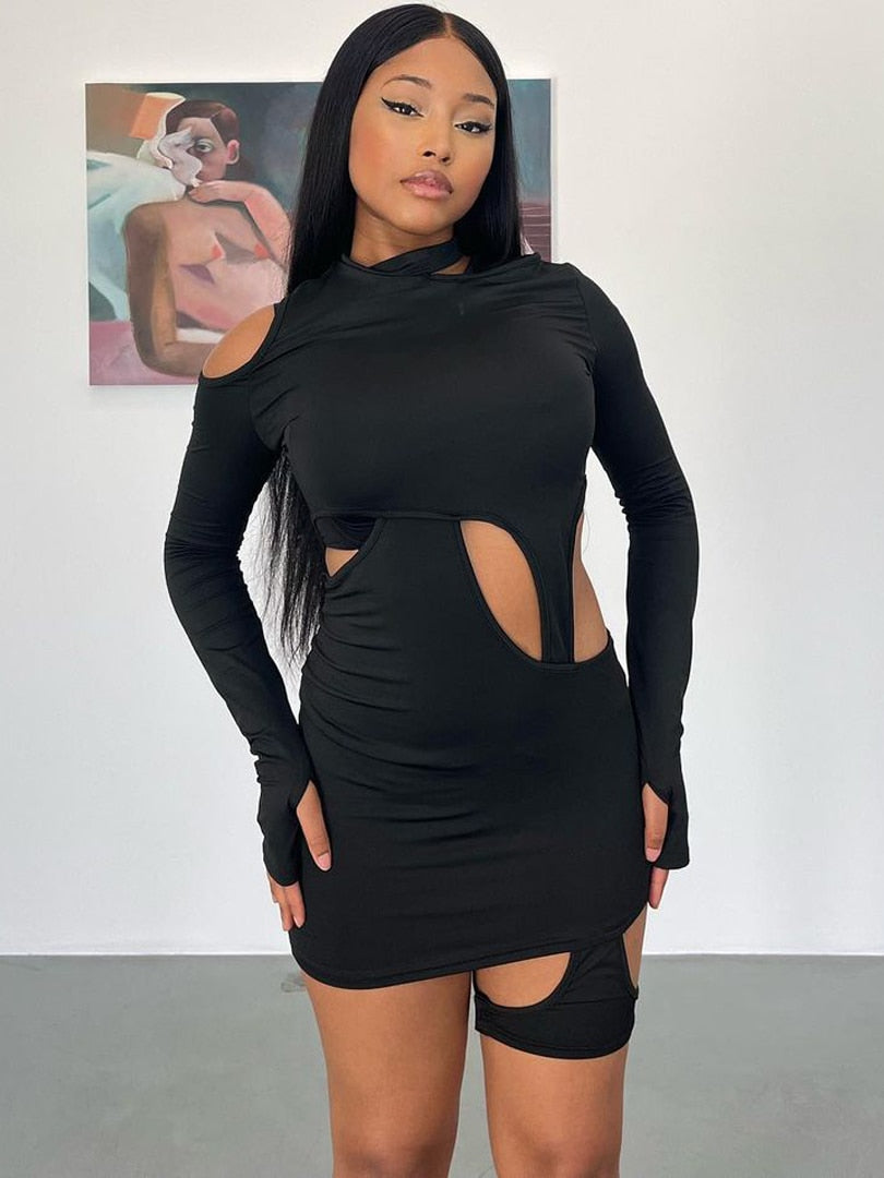 Wenkouban Autumn Sexy Y2K Clothes Hollow Out Long Sleeve Irregular Bodycon Mini Dress For Women 2023 Club Party Streetwear Outfits