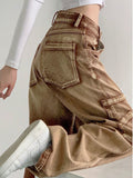 Wenkouban Y2K Brown Cargo Pants Women 90S Vintage Grunge High Waist Baggy Jeans Streetwear Wide Leg Loose Denim Trousers Female