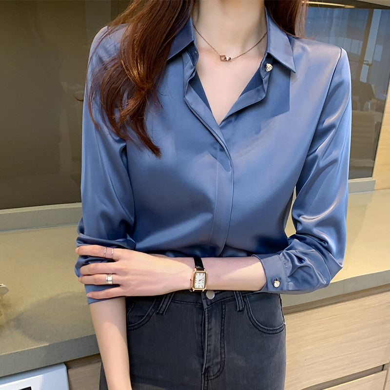 Wenkouban Office Lady Silk Women Shirt Blouse Tops Button Shirts Female Long Sleeve Satin Blouses For Women Clothing Chemise Femme 17276