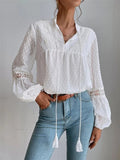 Wenkouban Summer Elegant Polka Dot Blouse Shirt Women Long Sleeve Casual Blouses Loose Jacquard Office Lady Tops Female V Neck Solid Shirt