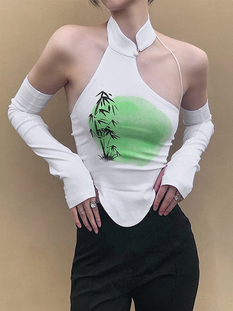 Y2K Top New Year 2022 Anime T-Shirt Long Sleeve Crop Top Backless Women's Tee Shirt Sexy Slim Halter Top Christmas Clothes