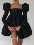 Wenkouban  Puff Sleeves Woman Party Dress Evening Chic Square Collar Ball Gown Dress Short Beige Satin Dresses Pleated Ladies