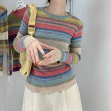 Wenkouban Autumn And Winter Ladies Elegant Lapel Rainbow Stripes Jacket Office Ladies 3/4 Petal Sleeve Casual Cute Single-Breasted Jacket