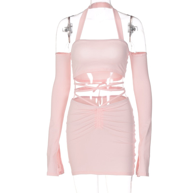 Wenkouban Sexy Set Woman 2 Pieces Long Sleeve Crop Top Bandage Mini Dress Womens Outfits Skinny White Dress Sets Y2K 90s Pink Knitted Suit