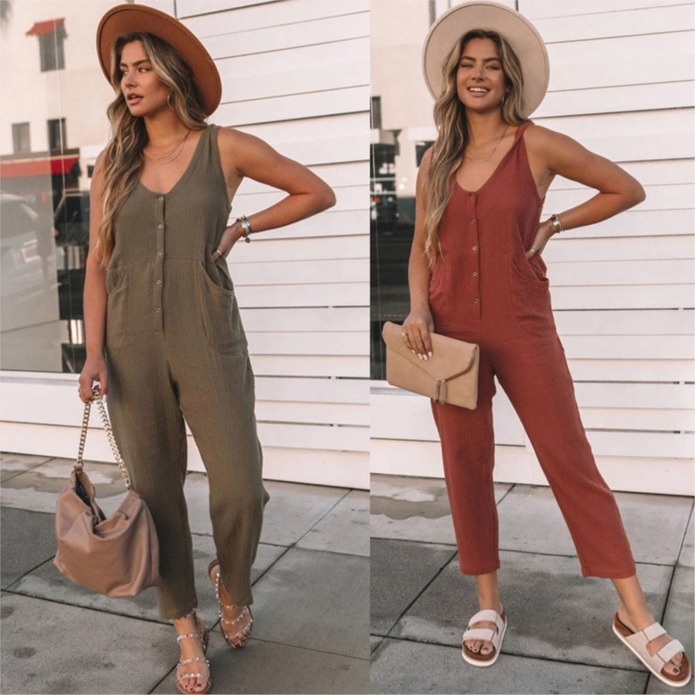 Graduation Gifts 2022 Speing Summer New Fashion Casual Ladies Botton Pocket Jumpsuit Solid Sleeveless High Waist Loose Women's One-piece Pants