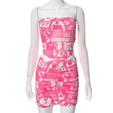 Wenkouban Y2K Letter Print Women 2 Piece Set Sexy Beach Style Elegant Corset Top+Ruched Skirts Matching Streetwear Slim Outfits