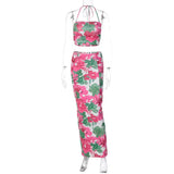 BACK TO COLLEGE  Woman Outfit Floral Print Evening Party Dress Two Piece Set Summer Halter Neck Corset Tops and Long Skirts Suit Streetwear