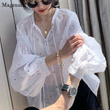 Graduation Gifts   Plus Size Polka Dot Women Shirt Korean Loose Ladies Button Tops Thin See Through Long Sleeve White Blouse Women Fashion 15561
