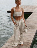 Wenkouban  Cotton Linen Women Summer Outfit Sleeveless Crop Top And Palazzo Pants 2 Piece Set Female Midriff Top Pants Suits