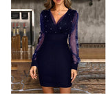 Wenkouban Black Shiny Women Dress 2023 Spring Sexy Long Sleeve V-neck Mini Dress Mesh Stitching Short Dresses Party Vestidos Elegant 18333