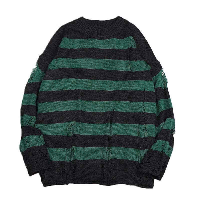 Wenkouban Y2K Striped Sweaters Washed Destroyed Ripped Sweater Couple Hole Knit Jumpers Tops Unisex Oversized Pullovers Harajuku Su茅teres