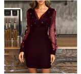 Wenkouban Black Shiny Women Dress 2023 Spring Sexy Long Sleeve V-neck Mini Dress Mesh Stitching Short Dresses Party Vestidos Elegant 18333