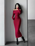 Wenkouban Slash Neck Tight Long Skinny Hip Long Sleeve Maxi Long Sweater Dress Red Korean Fashion Tops 2023  DL7K