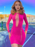 Wenkouban Sunny Autumn Neon Sexy Y2K Clothes Hollow Out Long Sleeve O-Neck Bodycon Mini Dresses For Women Club Party Elegant Outfits