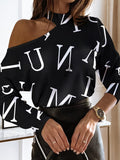 Back to School Women Elegant Fashion Long Sleeve Blouses Tops Could Shoulder Letter Casual Blouse