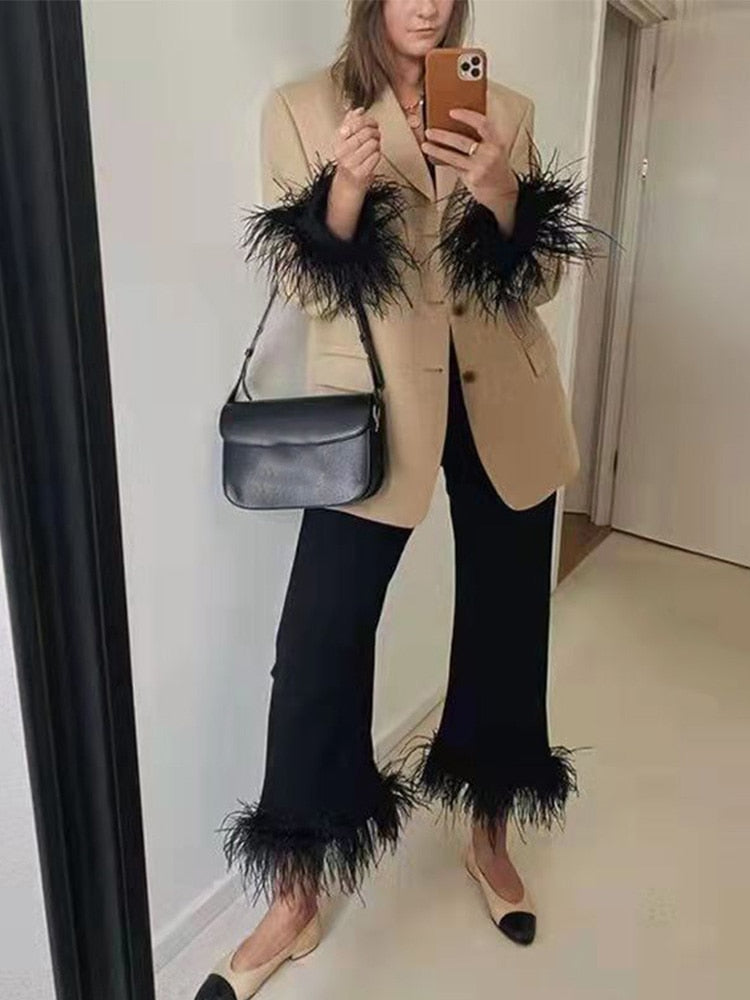 Wenkouban Back To School Feather Blazer Suit Two Piece Set Women Contrast Color Long Sleeve Top Straight Pants Suits Female Fashion Spliced Outfit