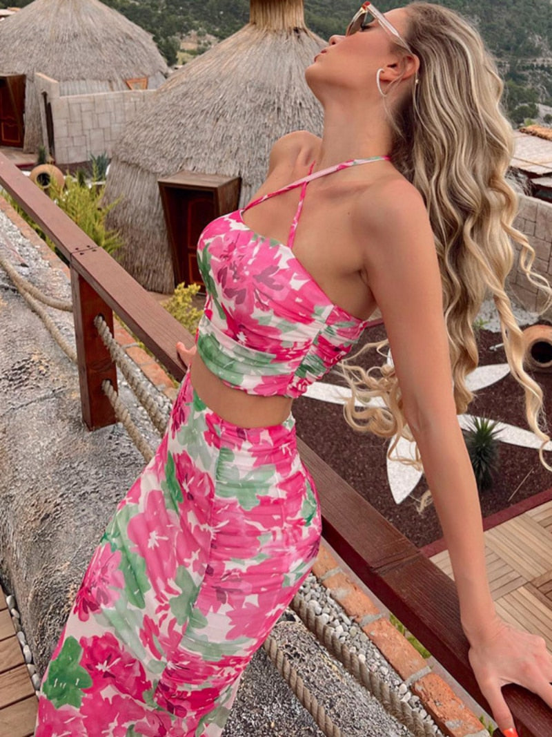 BACK TO COLLEGE  Woman Outfit Floral Print Evening Party Dress Two Piece Set Summer Halter Neck Corset Tops and Long Skirts Suit Streetwear
