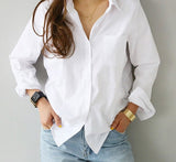 Wenkouban New Long Sleeve Ladies Tops Blouses Oversized Button Casual Cotton White Shirt Women Turn-Down Collar Loose Blouse Women 3496