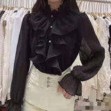 Wenkouban Korean Chic Ruffles Stitching Elegant Blouse Woman Stand Collar Button Chiffon Shirt Long Flare Sleeve Fashion Loose Tops