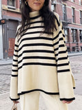 Wenkouban New Ladies  Autumn Winter Turtleneck Sweater Women Pullover Tops Clothes Black White Striped Loose Casual Sweater Jumpers Female