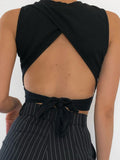 Wenkouban Top Women Y2K Lace Up Backless Tank Top Solid Knitted T-shirts Tops Sexy Crop Top Night Club Outfits Basic Tanks 2023 Streetwear