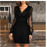 Wenkouban Black Shiny Women Dress 2023 Spring Sexy Long Sleeve V-neck Mini Dress Mesh Stitching Short Dresses Party Vestidos Elegant 18333