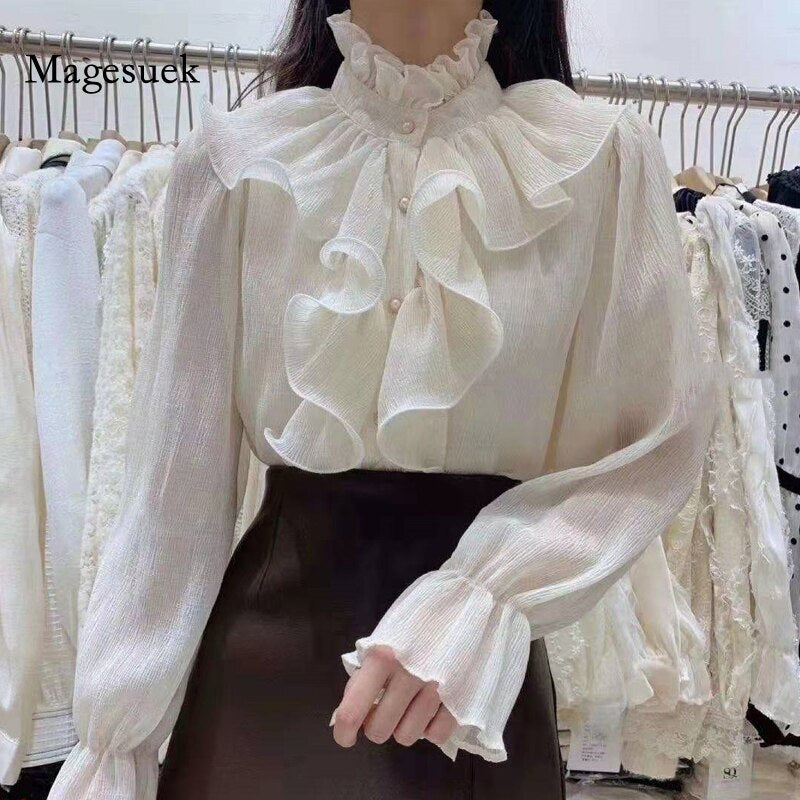 Graduation Gifts   Korean Chic Ruffles Stitching Elegant Blouse Woman Stand Collar Button Chiffon Shirt Long Flare Sleeve Fashion Loose Tops 12946