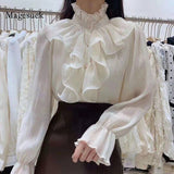Wenkouban Korean Chic Ruffles Stitching Elegant Blouse Woman Stand Collar Button Chiffon Shirt Long Flare Sleeve Fashion Loose Tops