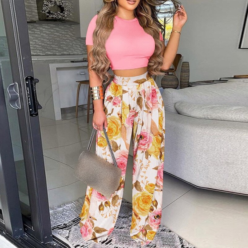 Graduation Gifts New Summer Women Two Piece Sets Elegant Print Office Outfits O Neck Short Sleeve T-shirt  Pullover + Wide Leg Pants Woman Suits