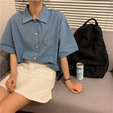 Wenkouban Shirts Women Short Sleeve Solid Bf Loose Turn Down Collar College Simple Stylish All-Match Harajuku 2023 Summer Tops Clothing