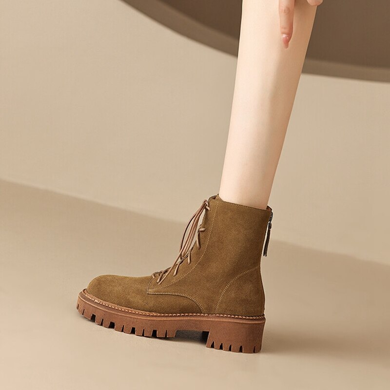 Wenkouban Autumn Boots     Autumn Women Boots Cow Suede Leather Boots Women Round Toe Chunky Heel Boots Winter Short Boots Casual Platform Shoes for Women
