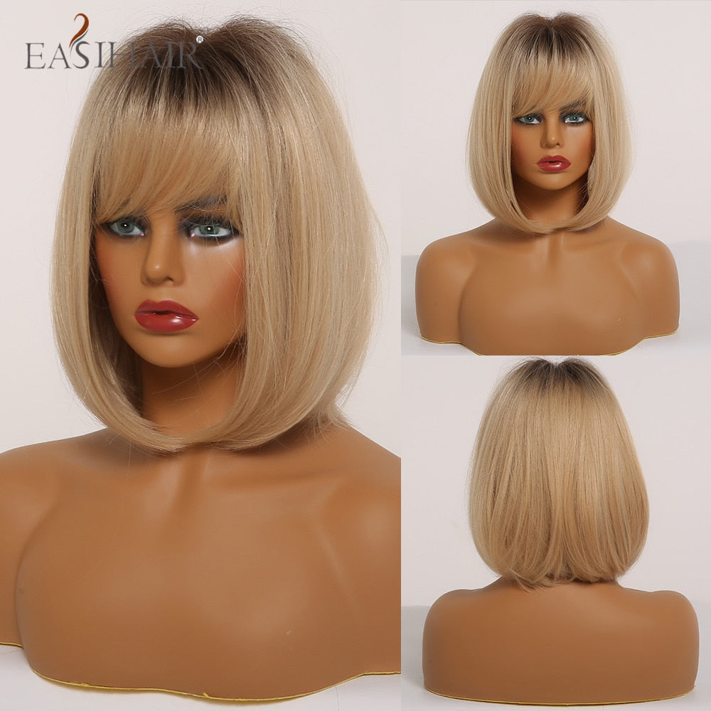 Wenkouban  Short Straight Bob Wigs With Bang Golden Brown Natural Synthetic Hair For Women Daily Cosplay Heat Resistant Fiber Wigs