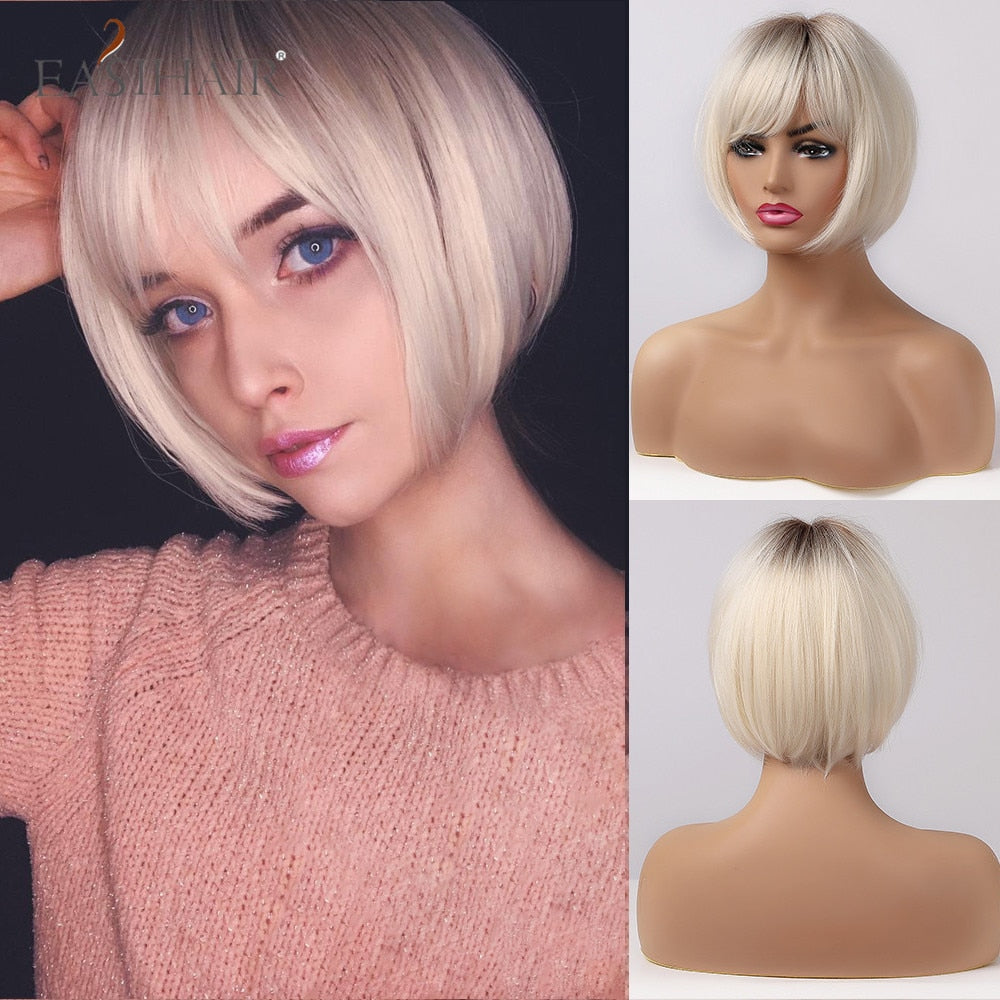 Wenkouban  Short Hair Wig With Bangs Pixie Cut Ombre Black Ash Light Blonde Synthetic Wigs For Women Cosplay Wigs Heat Resistant