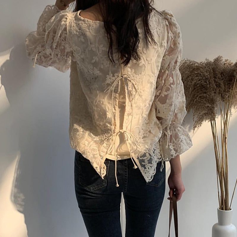 Graduation Gifts   Korean Embroidered Lace Women's Shirt Flare Sleeve Crochet Floral Blouse Casual Fashion Elegant Chiffon Shirt Spring New 13499