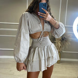 Wenkouban  V Neck Short Tops Suits Women Fashion Lace Up Solid Suit Women Elegant Ruffle Mini Skirts Suits Female Ladies