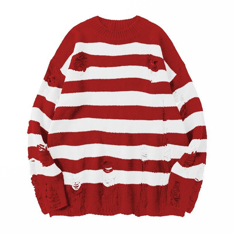 Wenkouban Y2K Striped Sweaters Washed Destroyed Ripped Sweater Couple Hole Knit Jumpers Tops Unisex Oversized Pullovers Harajuku Su茅teres