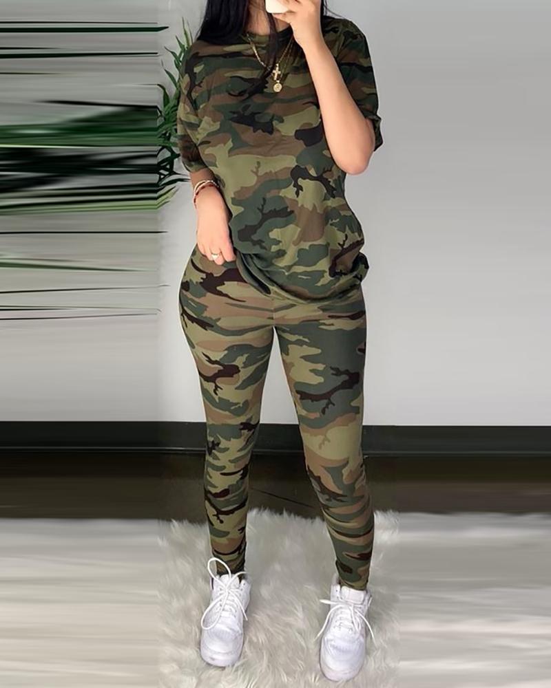 Wenkouban 2023 Women Fashion Casual Two-Piece Set  Suits Set Sportwear Female Autumn Clothes Camouflage Half Sleeve Top & Fitted Pants Set