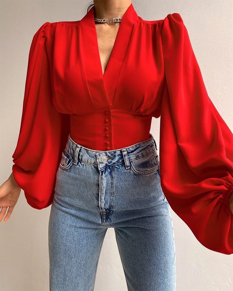 Wenkouban 2023 Spring Fashion Women Blouse Satin Red Cropped Lantern Sleeve V-neck Female Shirt Summer Elegant Vintage Ladies Clothing