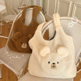 Wenkouban Soft Plush Tote Bag Women 3D Cartoon Bear Print Kawaii Shoulder Bag For Women Imitation Lamb Hair Warm Winter Handbags Big Bag