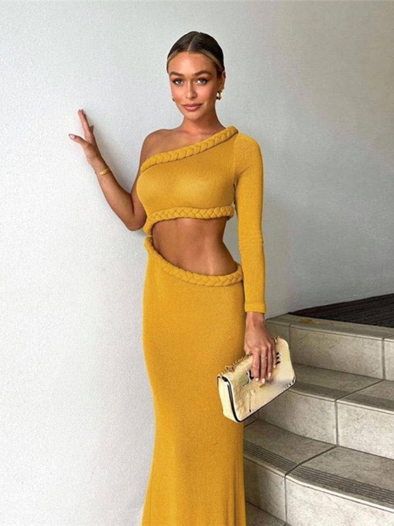 BACK TO COLLEGE    Elegant Women's Two Pieces Dress Set  Fall One Shoulder Long Sleeve Cropped Tops and Long Skirts Female Holiday Beach Outfit