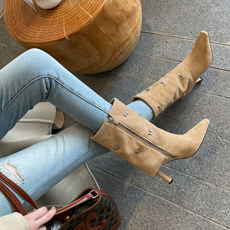Wenkouban Autumn Shoes     Autumn Boots Women Cow Suede Leather Shoes for Women Square Toe Trouser Boots Bow-knot Thin Heel Shoes Black Western Boots