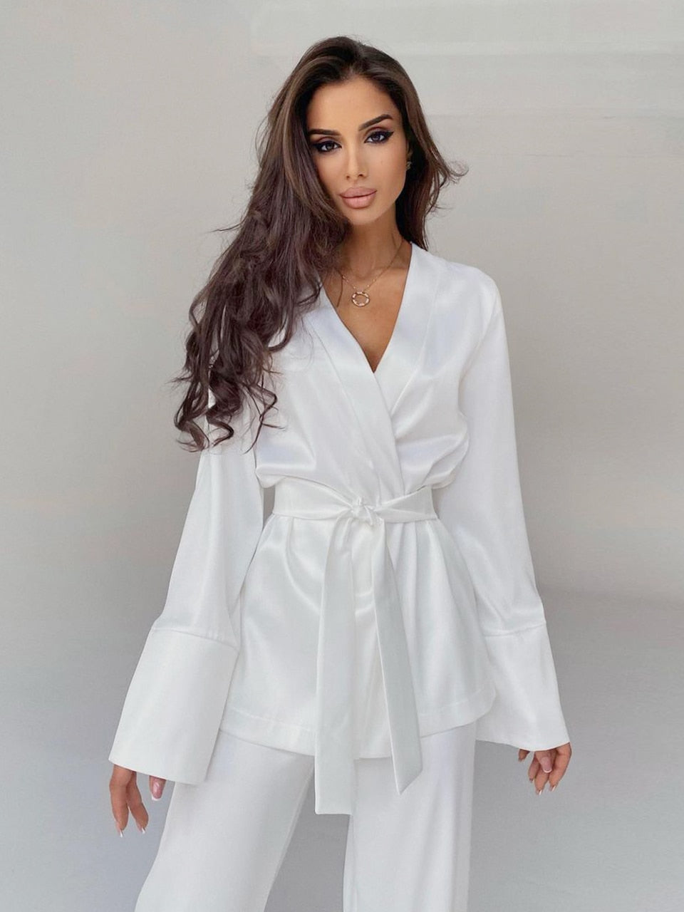 Wenkouban Solid Color Pajamas For Women Robe Sets Full Sleeves Women's Home Clothes Trouser Suits Satin Nightgowns Spring 2022 Loungewear