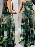 Wenkouban Fashion Women Mesh Maxi Dress Robes Beachwear Off Shoulder Leaf Print Tube See-Through Pleated Long Party Club Dress