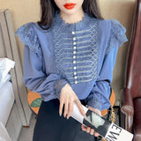 Wenkouban Autumn Vintage Loose Chiffon Shirt Women Long Sleeve Beading Lace White Blouse Women Stand Collar Ruffles Office Lady Tops