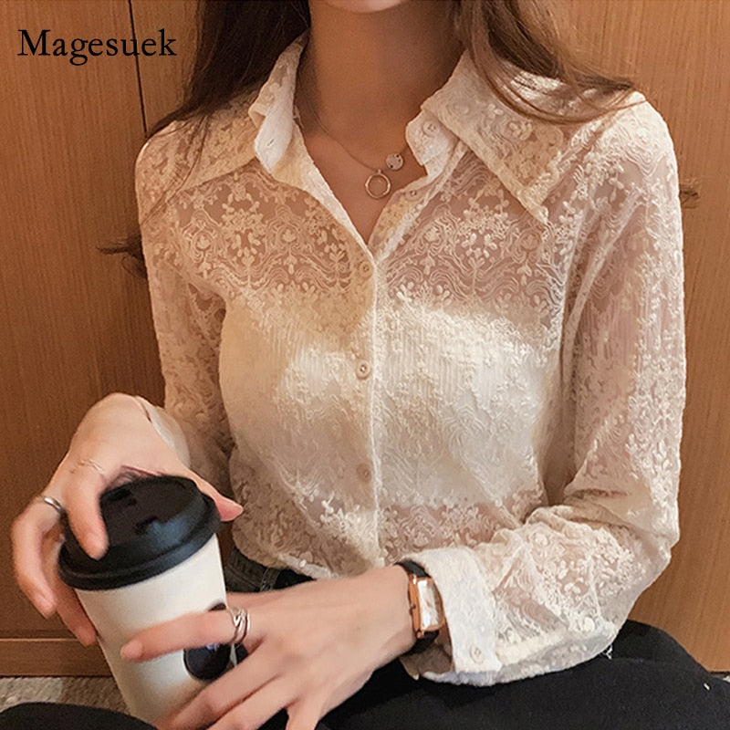 Wenkouban Oversized Spring Lace Button Shirt New Fashion Chic Floral Embroidery White Blouse Women Long Sleeve Korean Ladies Tops 13125