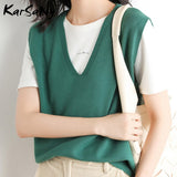 Back To School Insulated Vest For Women Solid Slim Green Sweater Sleeveless Knitted Vest Female V Neck Classic Tops Women's Fashion Vests 2022