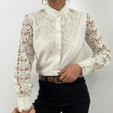 Wenkouban    Graduation Gifts 2023 Spring White Vintage Button Shirts Women  Lace Patchwork Hollow Out Shirt Blouse Long Sleeve O-Neck Mesh Design Tops