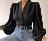 Wenkouban Sexy Keyhole Halter Long-Sleeved Blouse Elegant High Collar Ruffled Solid Shirt Streetwear Ladies Casual Top 2022 New Solid