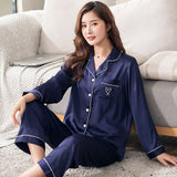 Wenkouban Spring Autumn Ladies Silk Pajamas Thin Long Sleeve Suit Sleepwear Women Silk Pajama Set